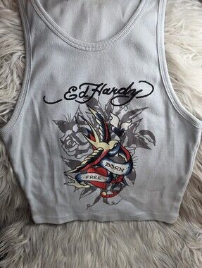 Ed Hardy White Ribbed Tank with Red, Blue and Yellow Swallow Graphic